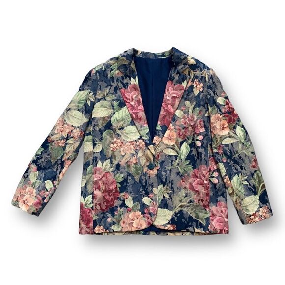 Vintage 90s Blazer Jacket Navy Dark Floral Detail Boxy Oversized One Button - Picture 5 of 9